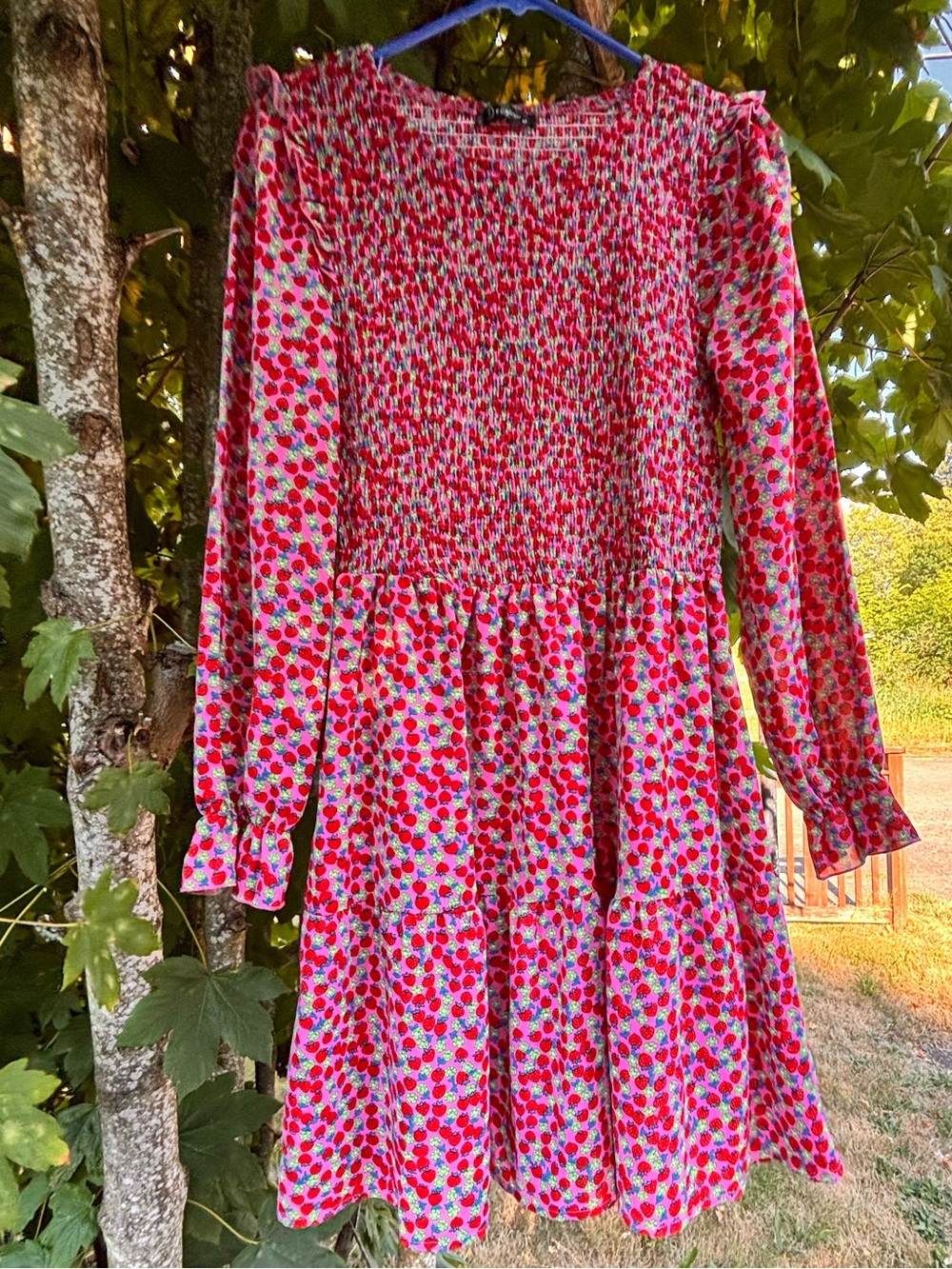 Women's Red/Pink Berry Long-Sleeve Smocked Casual Dress Size M